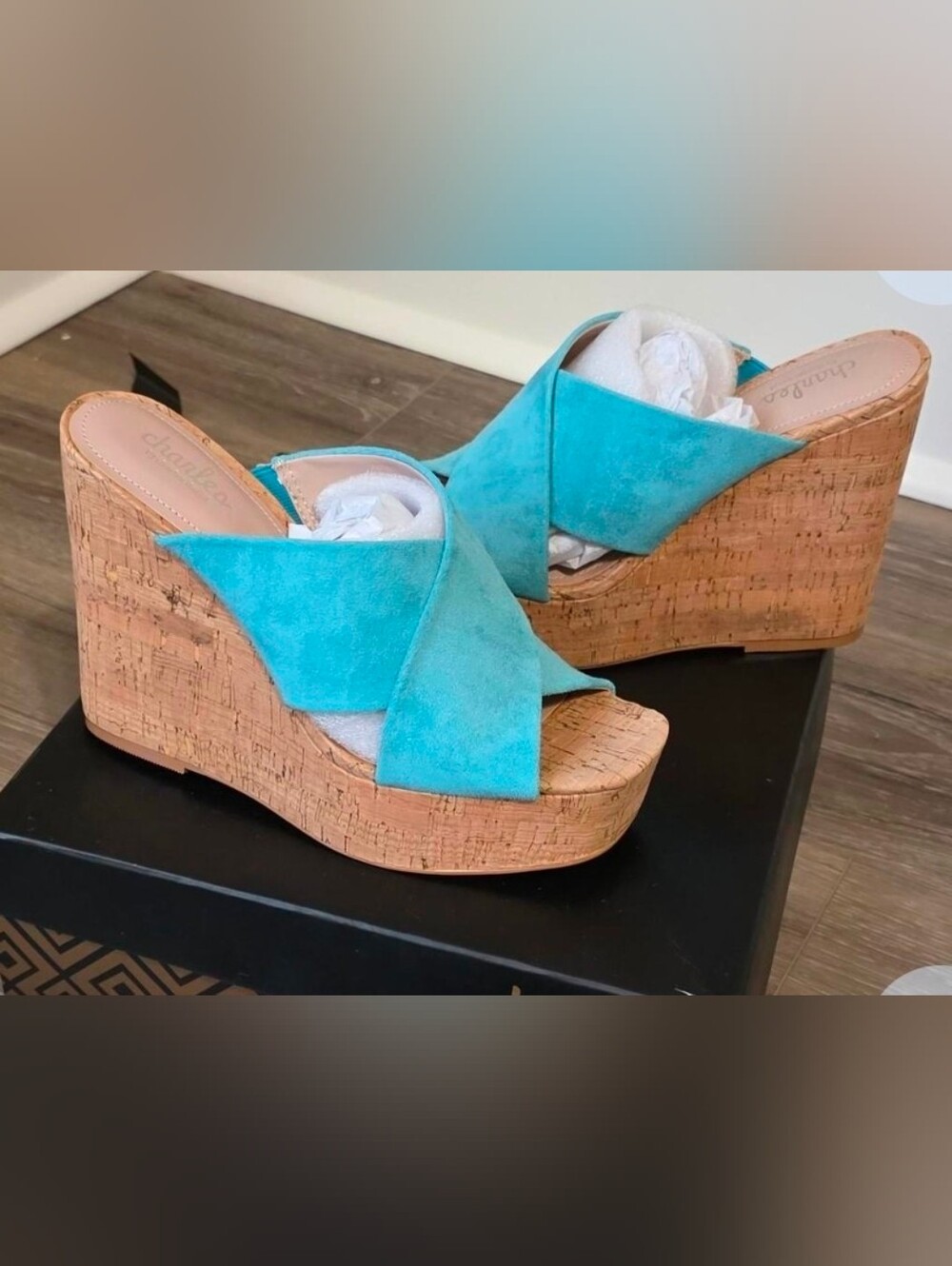 Nib Charles David Turquoise Suede Cork Wedge Sandals - Women's Size 8.5